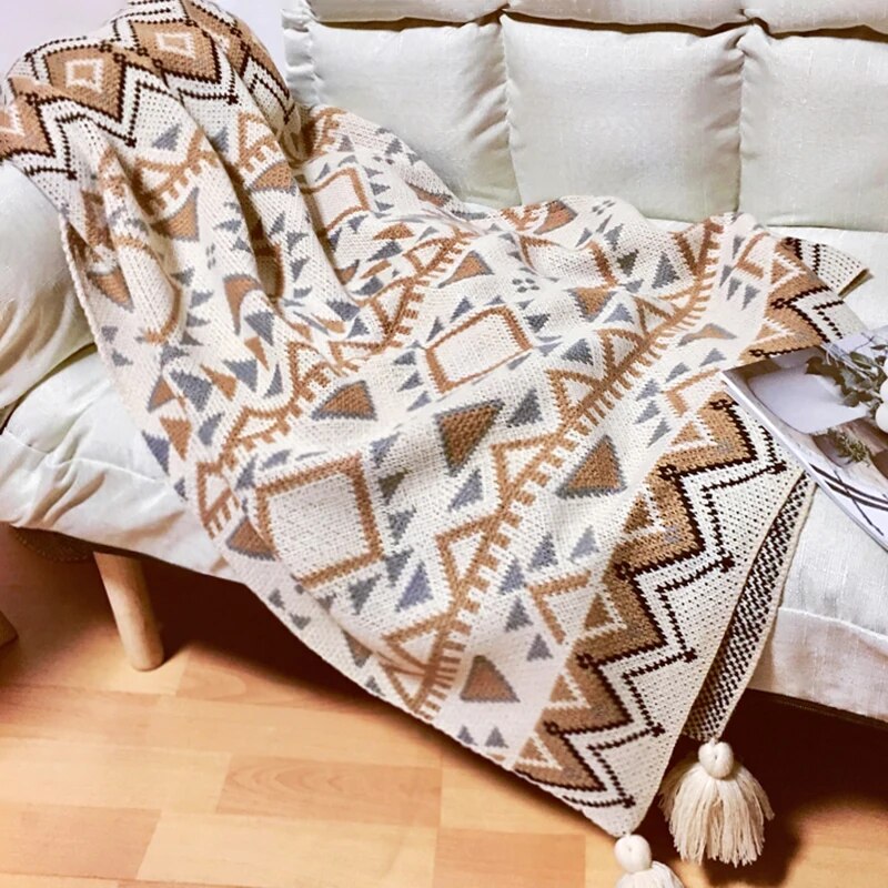 Checkered Boho Throw Blanket with Fringe Details for Sofa and Vintage Decor