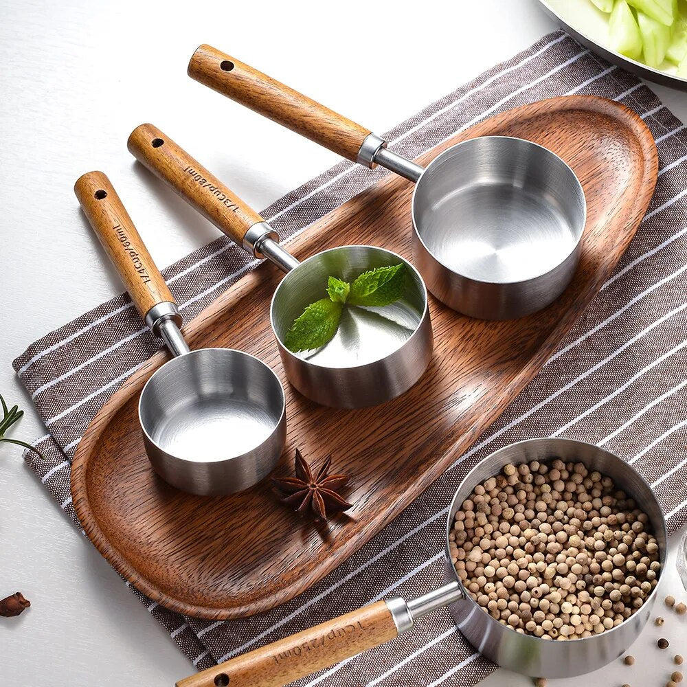 Measuring Spoon Set Wooden Handle Stainless Steel Cups